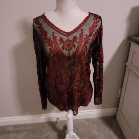 Ethyl Tops - Excellent used condition, black see through netting, burgundy appliqué design.